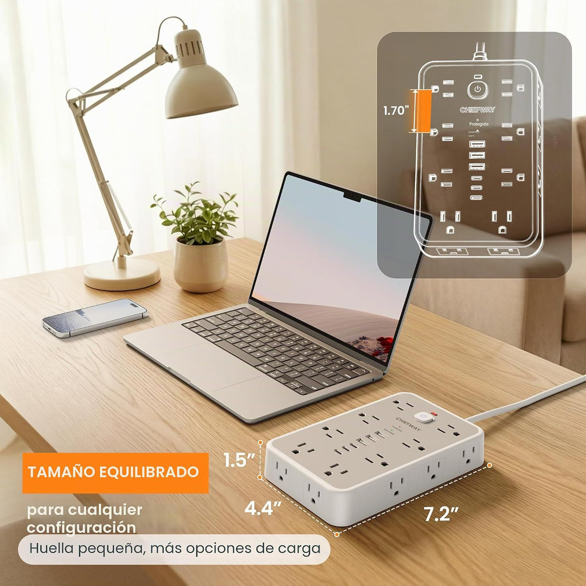 Regleta de protección contra sobretensiones de 6 pies con 6 USB