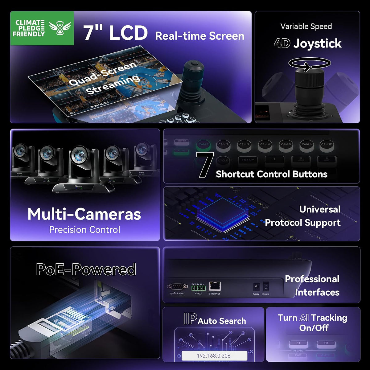 Tenveo Paquete de cámara y controlador PTZ 4K NDI PTZ, 30X 4K 60FPS AI seguimiento automático NDI SDI/HDMI/USB3.0/LAN (PoE) Cámara PTZ (*2) y controlador de joystick NDI PTZ de pantalla cuádruple de 7