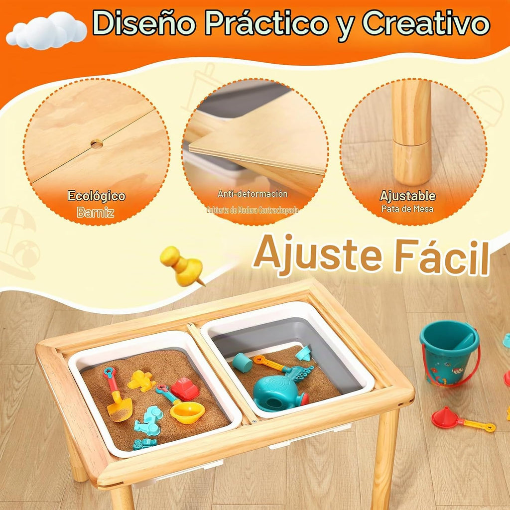 FUNLIO Mesa sensorial de madera para niños pequeños de 1 a 5 años, mesa de actividades para niños de 3 niveles de altura ajustable con tapa de madera contrachapada antideformación, mesa de arena y agua para interiores y exteriores, certificado CPC