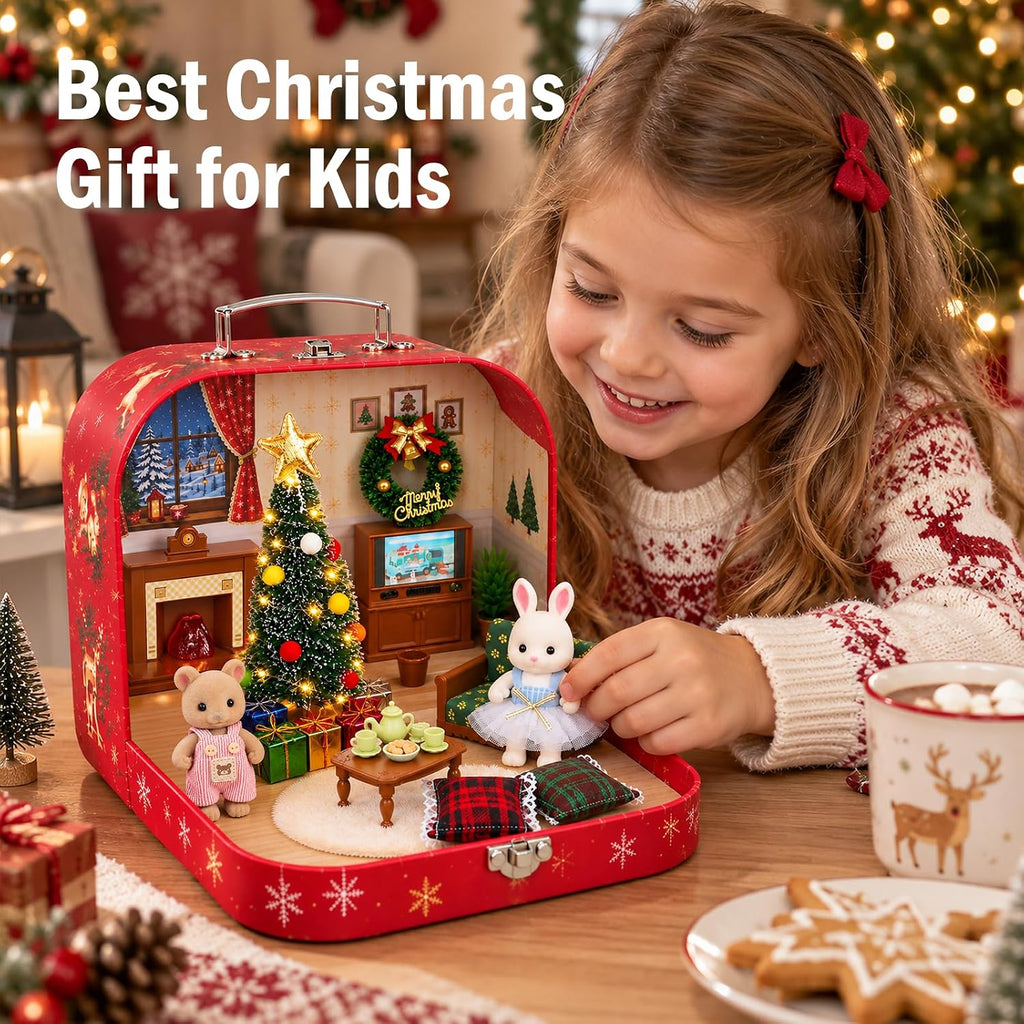 Juego de maletas de muebles de casa de muñecas de Navidad para niños, 2 muñecas flexibles/árbol de Navidad/chimenea/sofá/TV, accesorios de casa de muñecas para niñas a partir de 3 años