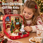 Juego de maletas de muebles de casa de muñecas de Navidad para niños, 2 muñecas flexibles/árbol de Navidad/chimenea/sofá/TV, accesorios de casa de muñecas para niñas a partir de 3 años