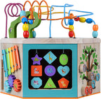 Teamson Kids Laboratorio de Juego Preescolar 7 en 1 Estación Centro de Cubo de Actividades de Madera Grande Laberinto de Cuentas y Conteo para Niños Juguetes para Bebés, Natural