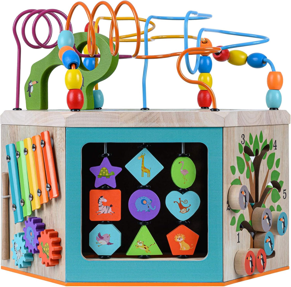Teamson Kids Laboratorio de Juego Preescolar 7 en 1 Estación Centro de Cubo de Actividades de Madera Grande Laberinto de Cuentas y Conteo para Niños Juguetes para Bebés, Natural