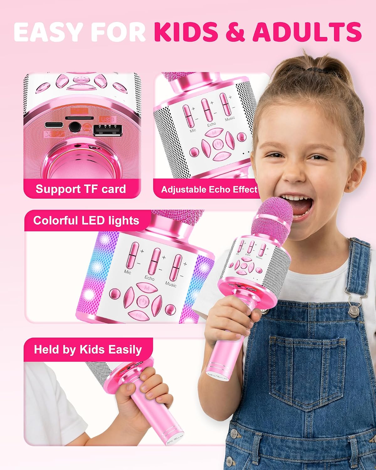 Juguetes para niñas, micrófono de karaoke para niños pequeños con luces, para niñas, fiesta de cumpleaños, juguete para niños de 3, 4, 5, 6, 7, 8 + (rosa claro)