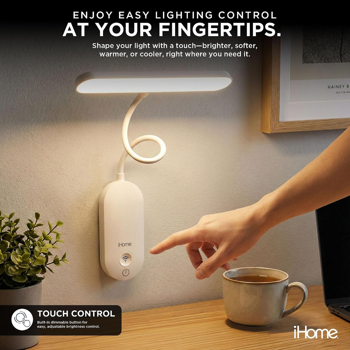 Lámpara iHome Lámpara de pared recargable con cuello de cisne ajustable, controles táctiles, tonos de color regulables, cálidos y fríos
