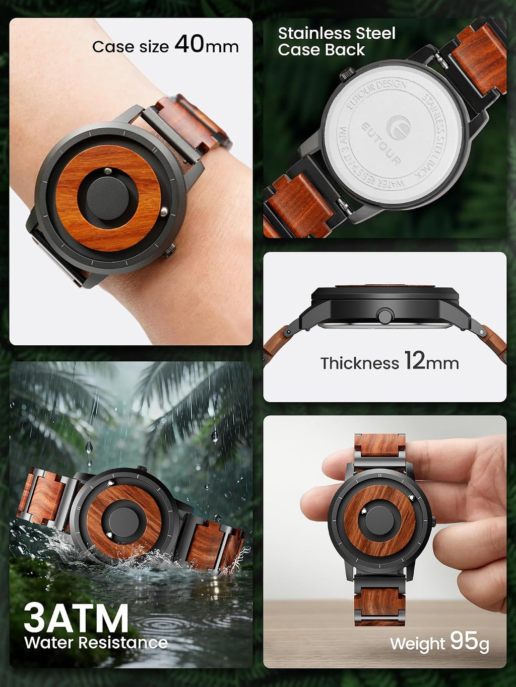EUTOUR Reloj de Madera para Hombre Magnético con Movimiento Suizo QTZ Dial de Cuentas Flotantes 40mm