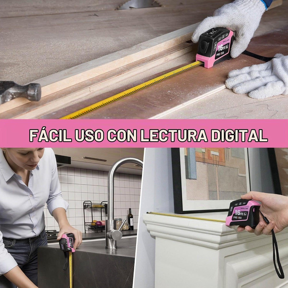 PREXISO - Cinta métrica digital 2 en 1, cinta métrica digital rosa de 16