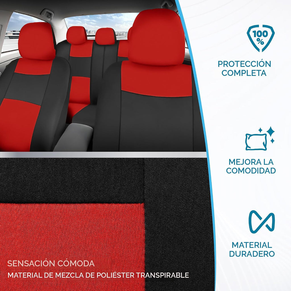 BDK PolyPro - Juego completo de fundas de asiento de coche en rojo sobre negro, fundas de asiento dividido delantero y trasero, fácil de instalar, accesorios para automóviles, camiones, furgonetas