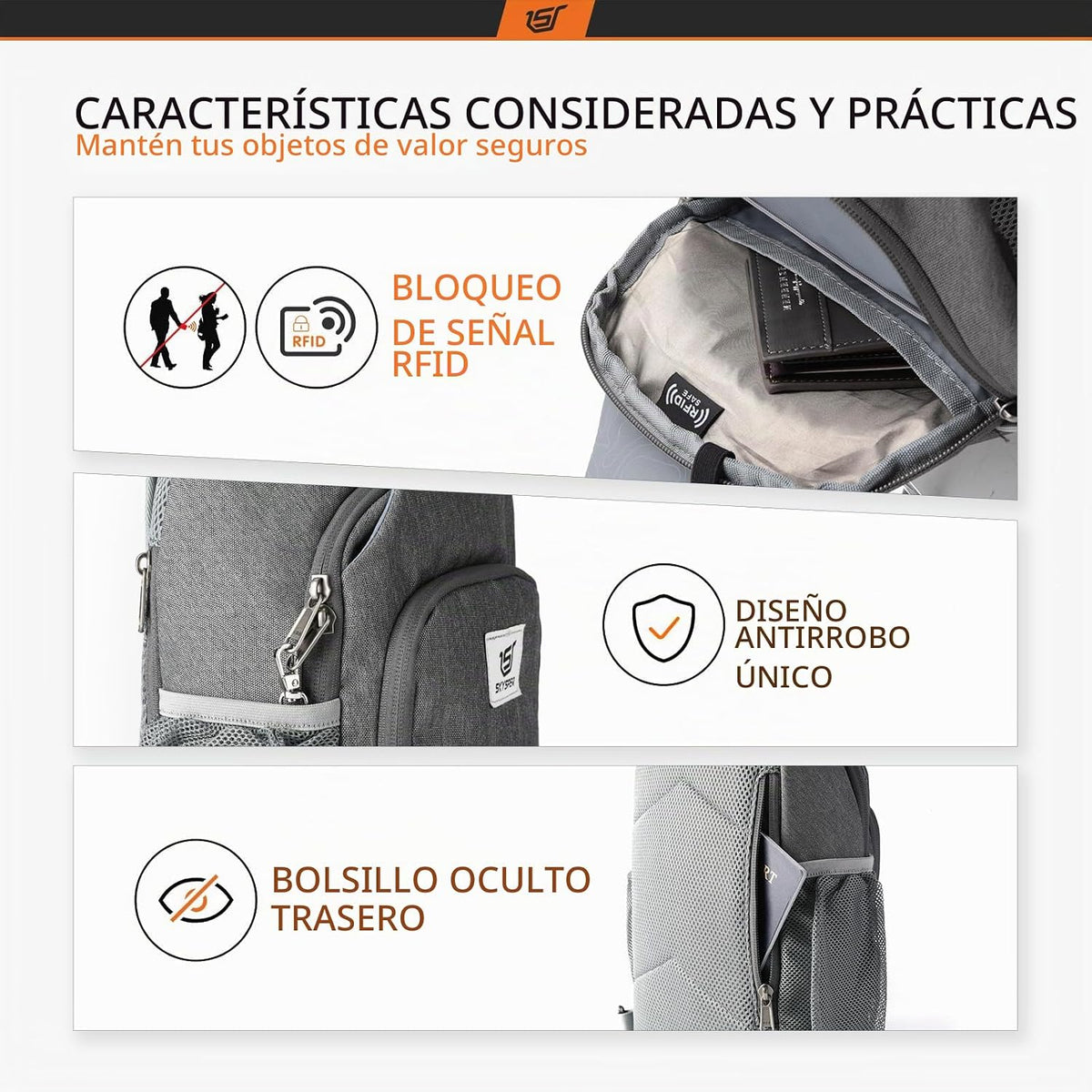 SKYSPER - Mochila de bandolera con bloqueo RFID, mochila cruzada en el hombro, mochila de viaje y senderismo, mochila de día para mujeres y hombres (gris oscuro)