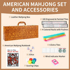 Juego de mahjong americano premium con funda de piel sintética de lujo marrón, 166 azulejos blancos, 4 bastidores Mahjong todo en uno con empujadores, fichas y dados