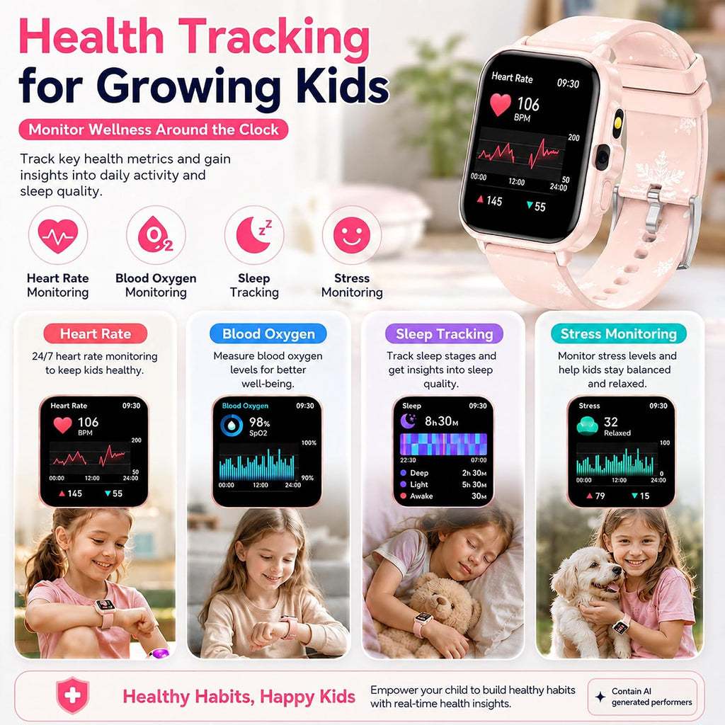 Reloj inteligente para niños de 5 a 12 años, juegos de funciones Ai con pantalla táctil HD, con cámara de video, reproductor de música, podómetro, ritmo cardíaco, rastreador de sueño, regalos de Navidad y cumpleaños para niñas (rosa, 1.85 pulgadas)