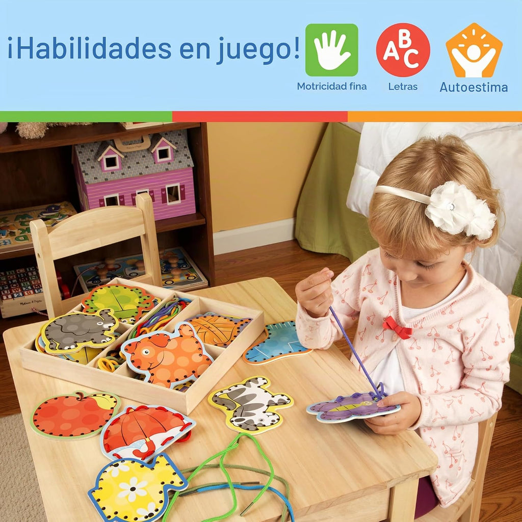 Melissa & Doug. Juego de tarjetas de madera con paneles de doble cara y cordones a juego
