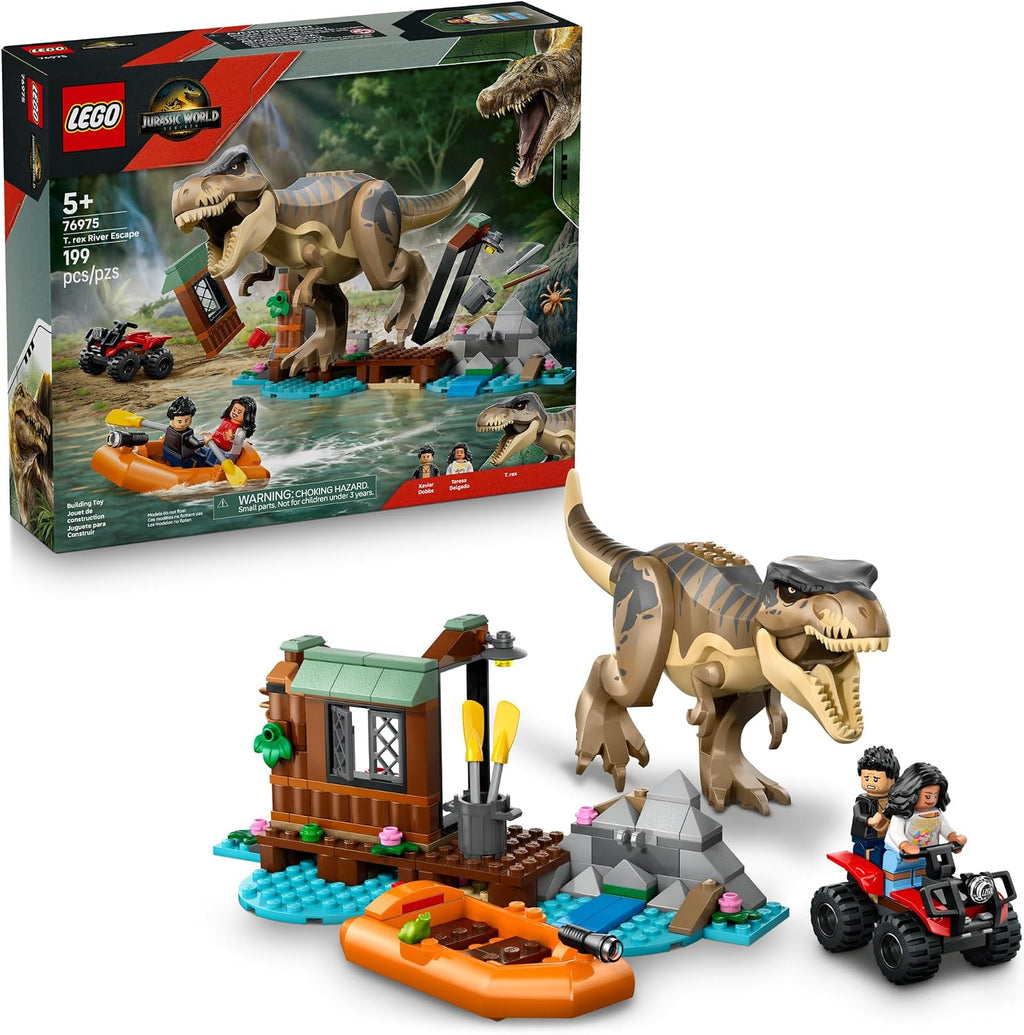 LEGO Jurassic World T. rex River Escape - Juguete de dinosaurio para niños, niños y niñas, de 5 a 7 años - Minifiguras de barco de juguete Jurassic World, regalo creativo de dinosaurio para fanáticos de las películas - 76975