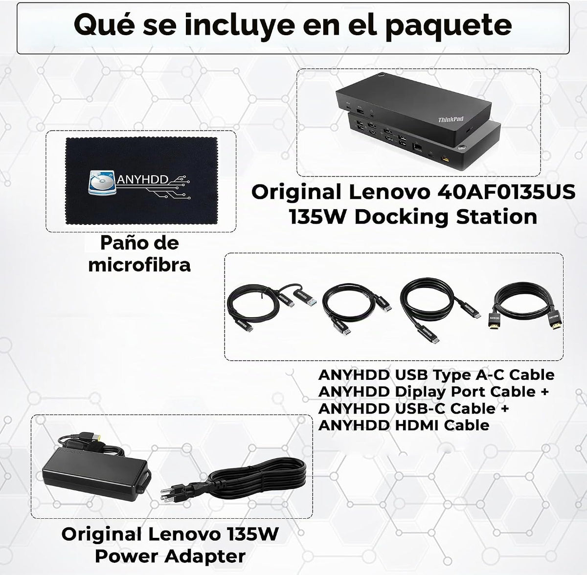 Lenovo 40AF0135US Estación de acoplamiento Thinkpad Dual Monitor híbrido USB-C con USB-A - 1 año de garantía, con adaptador de 135W + cable HDMI + cable DisplayPort + cable USB-C + paño de microfibra