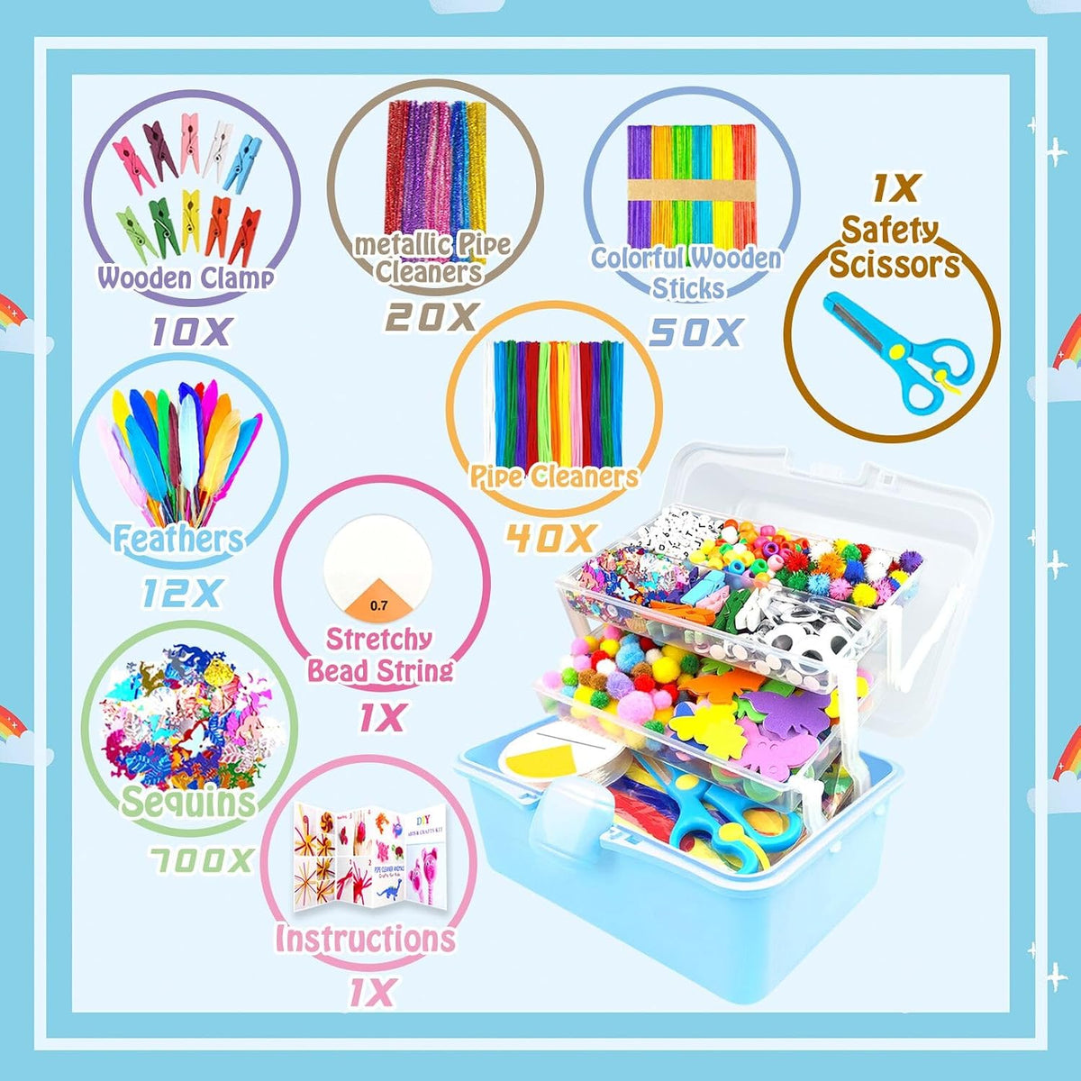 3000 piezas de suministros de arte y manualidades para niños, kits de manualidades con limpiapipas, suministros de manualidades, todo en caja de manualidades de 3 capas, manualidades DIY para niños de