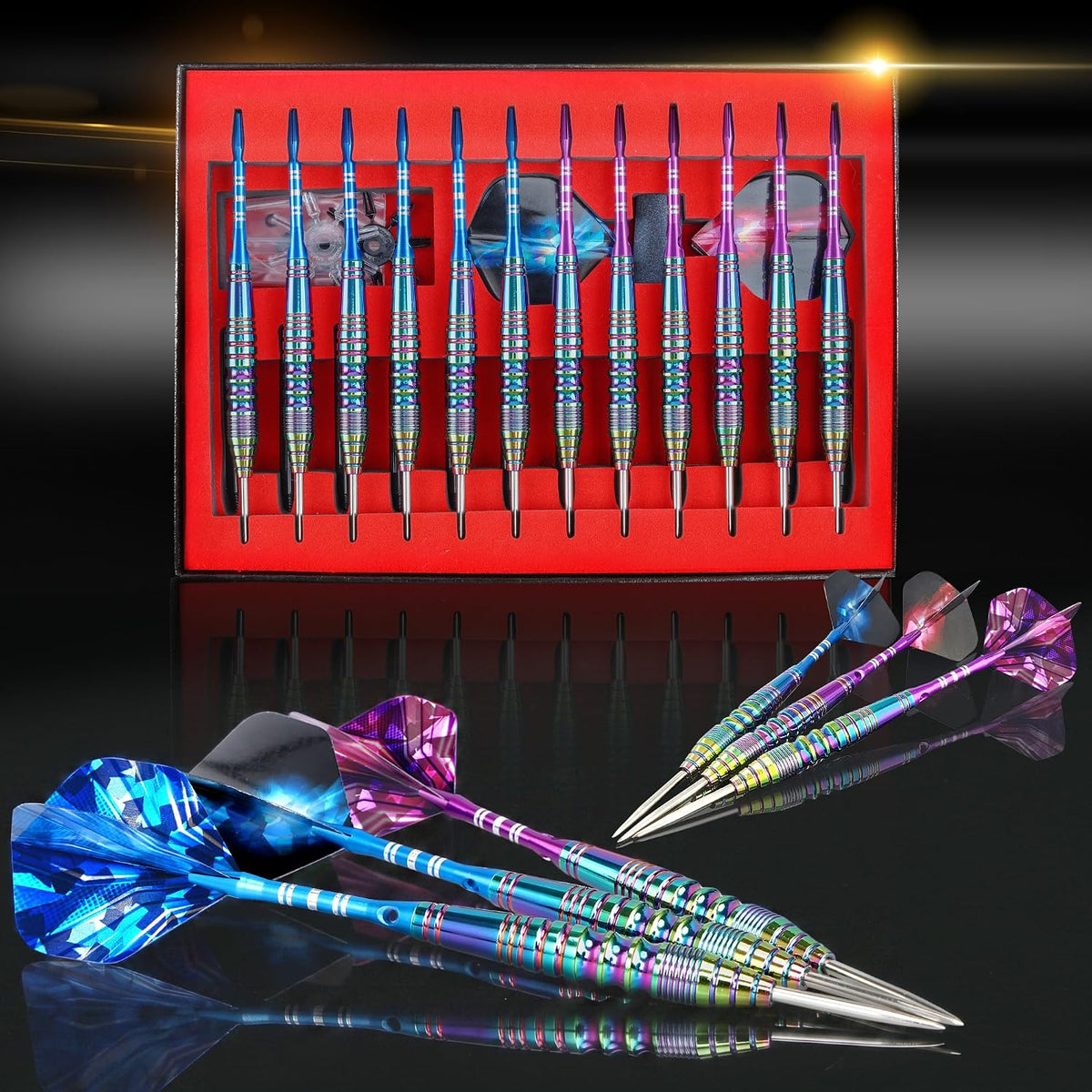 Juego de 12 dardos de punta de acero con barril de hierro antideslizante, ejes de dardos de aluminio y vuelos, afilador de dardos y caja de regalo