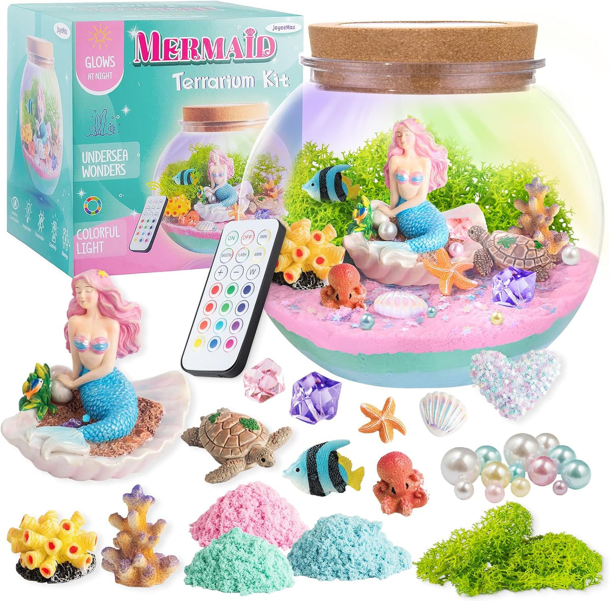 JOYEEMAX Kit de terrario iluminado de sirena para niños, luz nocturna LED, regalo de cumpleaños para niñas de 4, 5, 6, 7, 8 a 12 años, juguetes de sirena para niñas, kit de manualidades y manualidades para niños