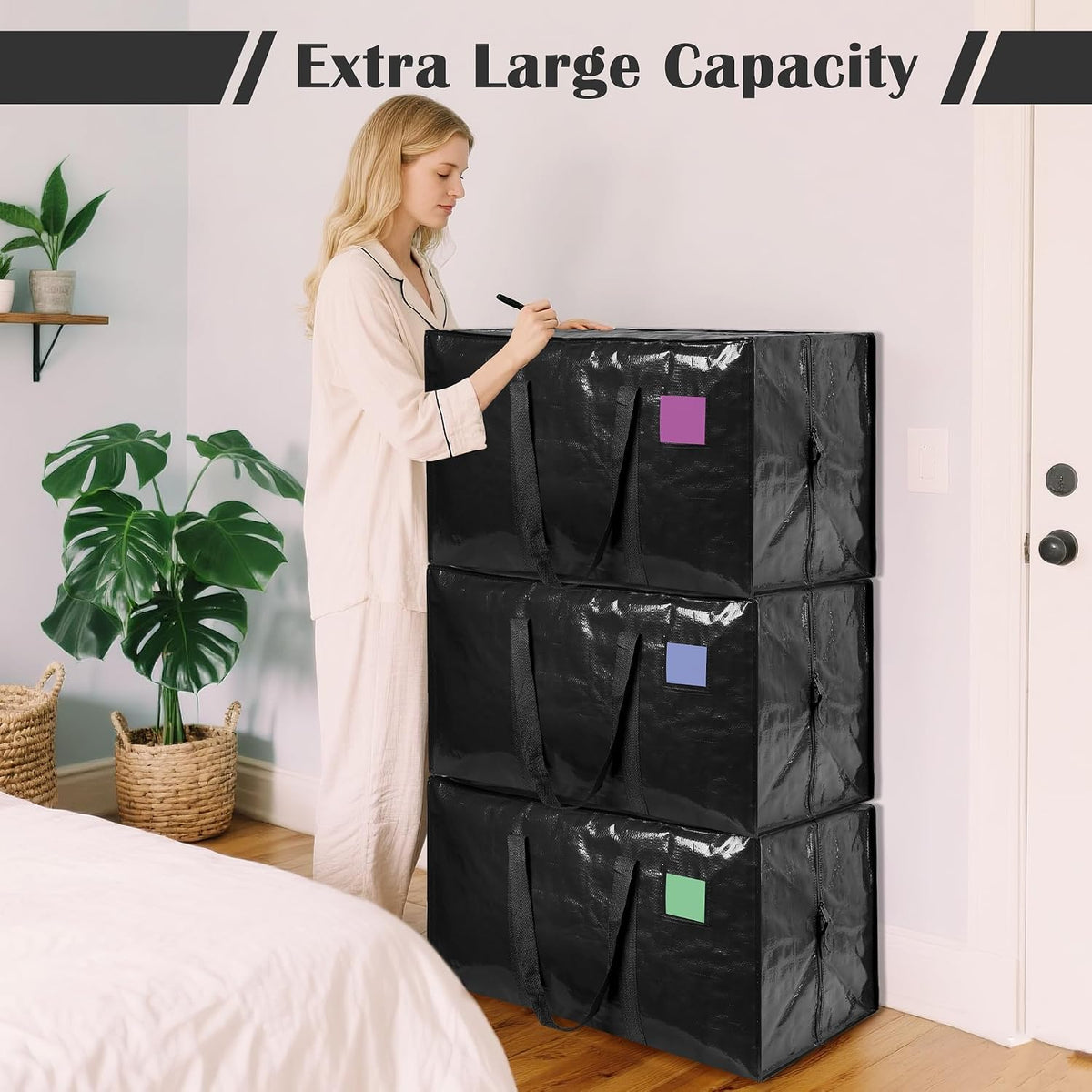 Paquete de 6 bolsas de mudanza con cremallera lateral completamente abierta, extra grandes de 93 L, resistentes al agua, plegables para almacenamiento para dormitorio universitario, mudanza y organización del hogar, color negro