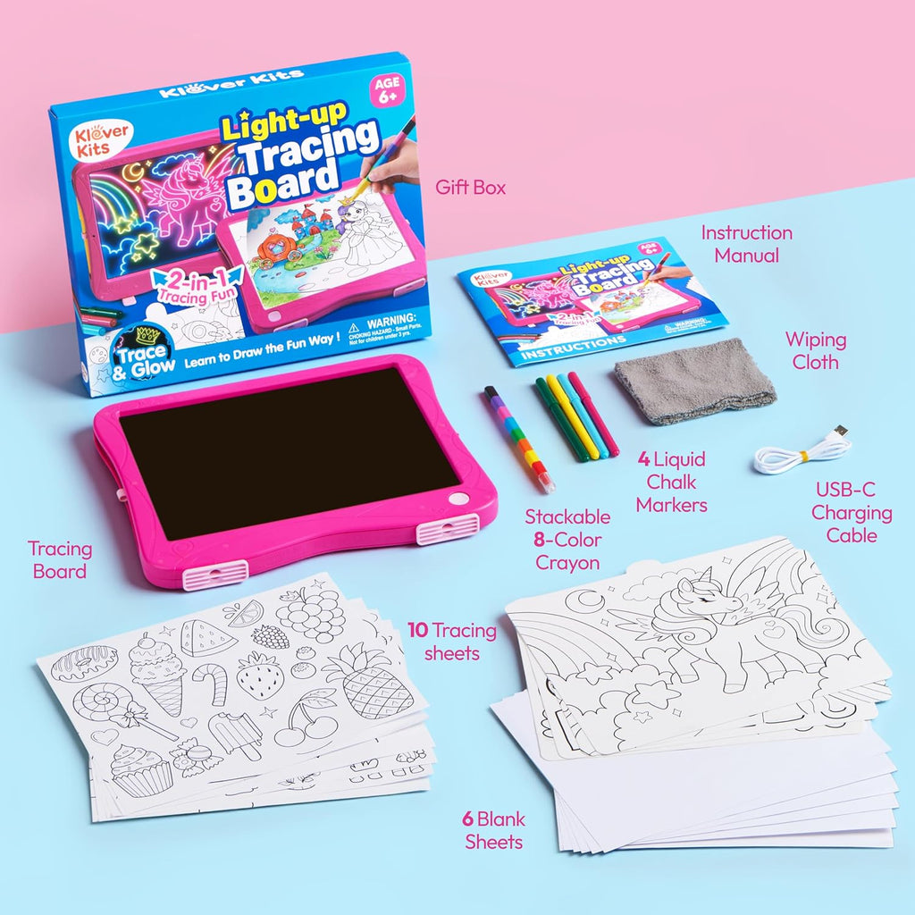 JOVA Klever Kits - Tableta de dibujo de neón 2 en 1 y almohadilla de rastreo iluminada, 4 modos de iluminación, tablero de arte LED para niños, artes y manualidades