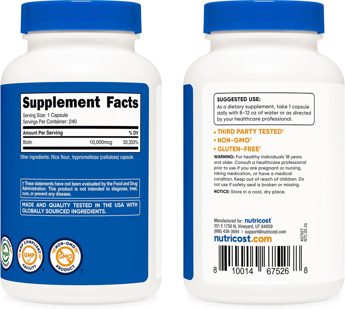 Suplemento Nutricost Biotin (Vitamina B7) 0.00035 oz, 240 cápsulas,...
