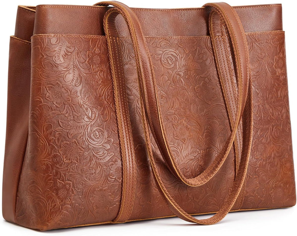 S-ZONE Bolso de mano de cuero para mujer, bolsos grandes de hombro para viajes de trabajo, bolsos de cuero genuino, patrón de rosas
