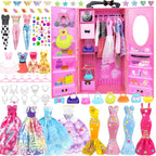 75 piezas de ropa y accesorios para muñeca con armario para muñeca de 11.5 pulgadas - Set de diseño de moda que incluye vestido de novia, vestidos de moda, conjuntos, tops y pantalones, perchas