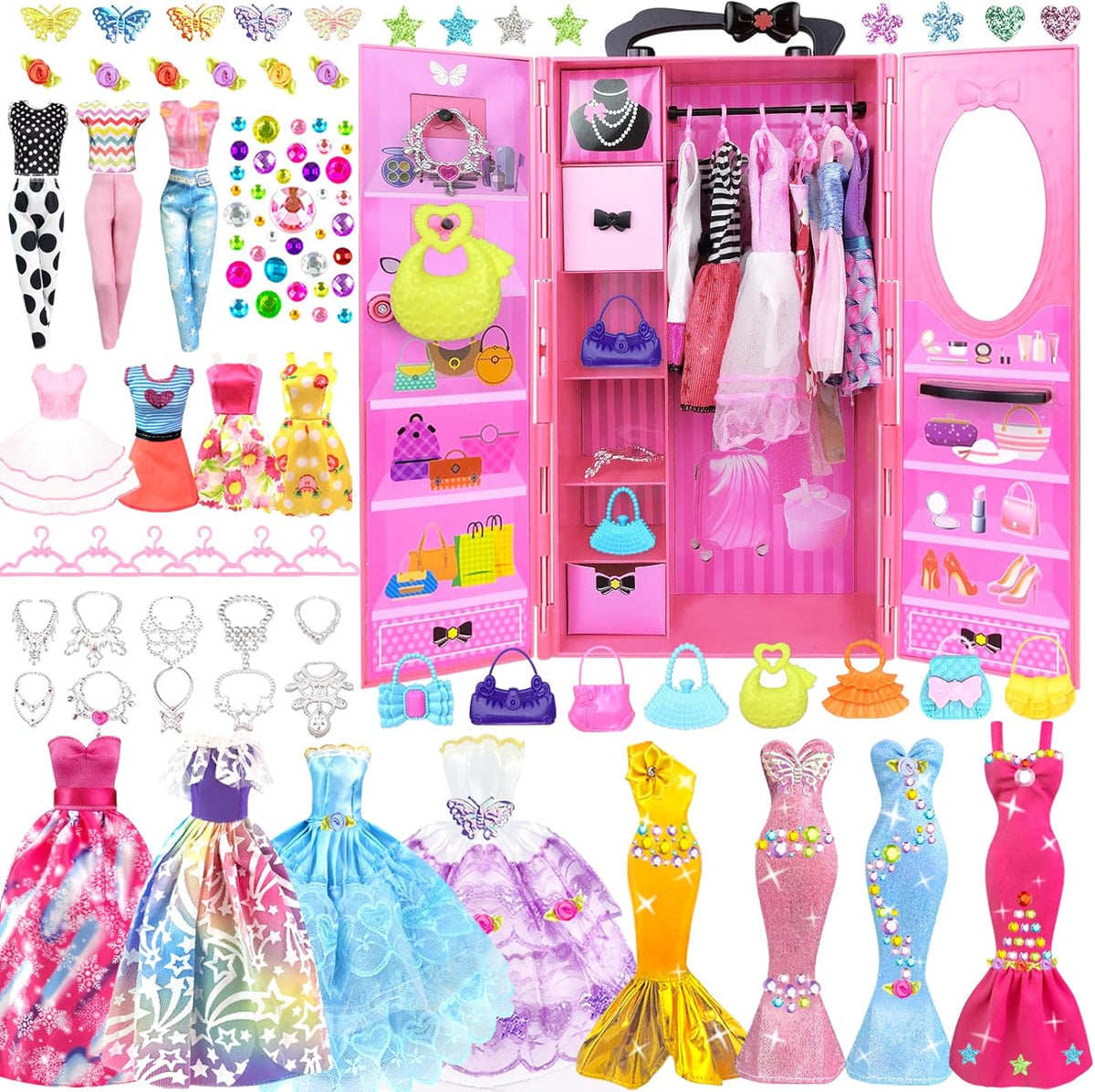 75 piezas de ropa y accesorios para muñeca con armario para muñeca de 11.5 pulgadas - Set de diseño de moda que incluye vestido de novia, vestidos de moda, conjuntos, tops y pantalones, perchas
