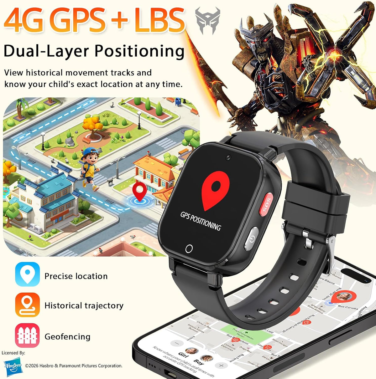 Reloj inteligente teléfono 4G para niños Transformers, GPS, videollamadas, resistente al agua - Negro