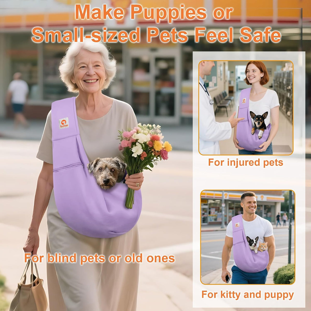 Tomkas Transportador de Cabestrillo para Perros Pequeños – Bolsillo con cremallera y correa ajustable – para mascotas de 3 a 10 libras (morado claro)