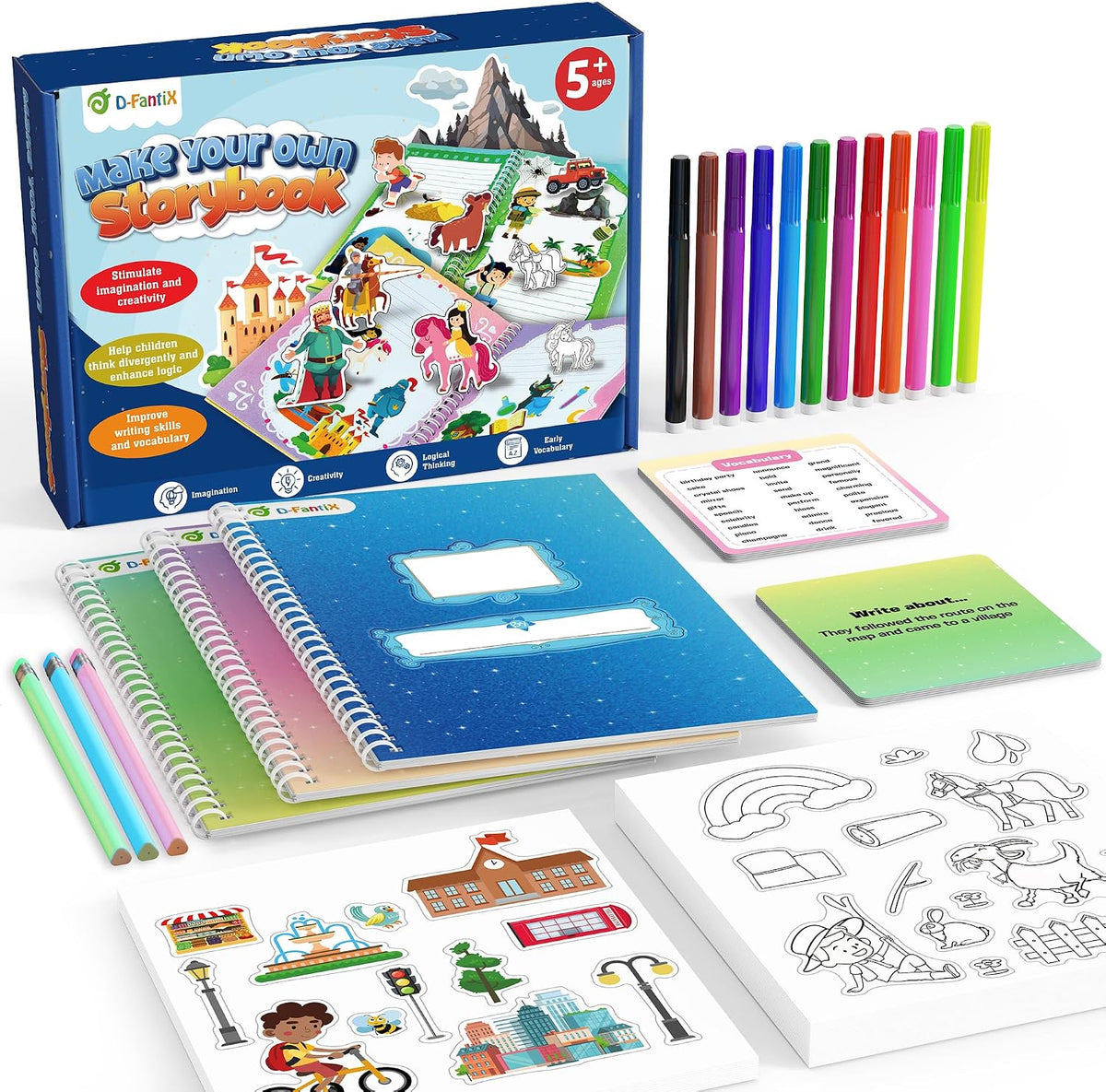 D-FantiX Mi Kit de Arte de Libro de Historias, Set de Actividades Creativa de Escritura y Dibujo para Niños y Niñas, Kit de Creación de Libro de Historietas de Tapa Dura con Adhesivos, Suministros de
