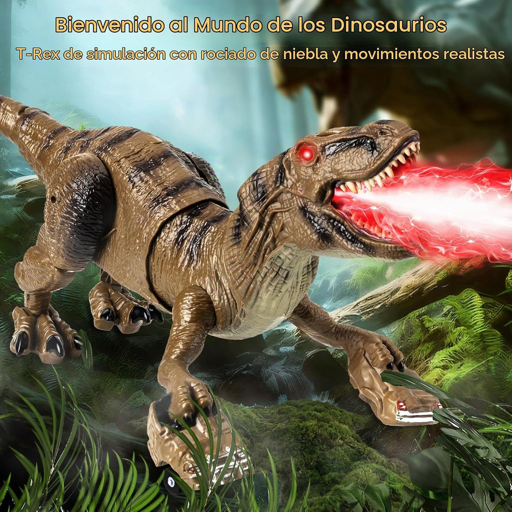 Juguetes de dinosaurio con control remoto para niños, juguetes de dinosaurio robot grandes con cabeza que se balancea 360° y rociador, dinosaurio T-Rex realista que camina y ruge, juguete de