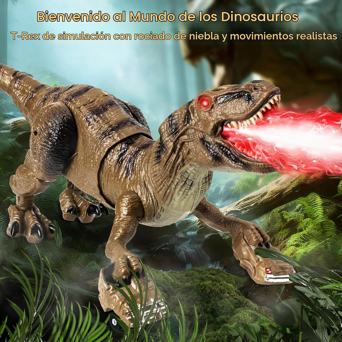 Juguetes de dinosaurio con control remoto para niños, juguetes de dinosaurio robot grandes con cabeza que se balancea 360° y rociador, dinosaurio T-Rex realista que camina y ruge, juguete de
