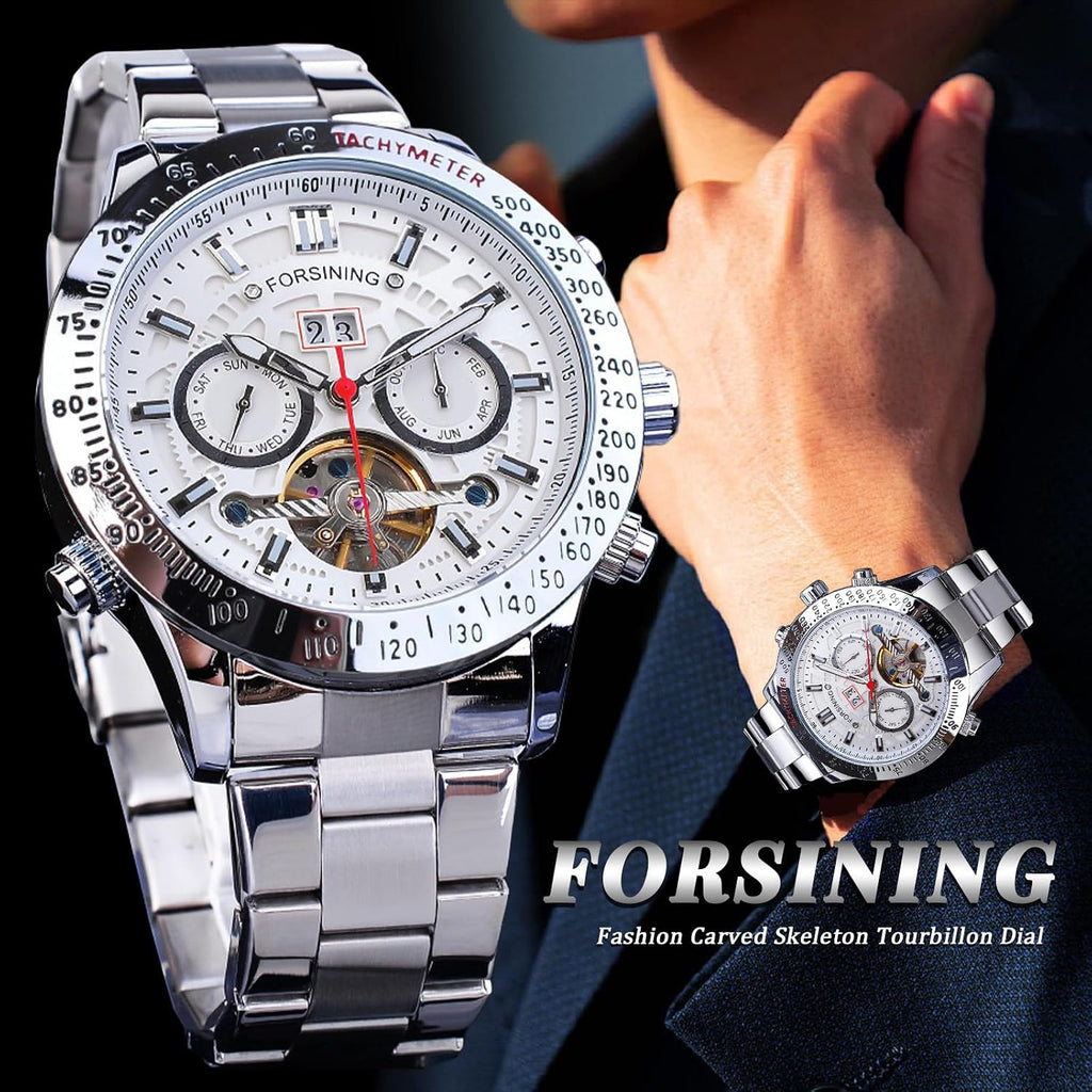 FORSINING Reloj Mecánico Tourbillon de Cuerda Automática para Hombre, Día Fecha Mes Calendario Completo, Taquímetro Luminoso Relojes Automáticos Multifuncionales, Reloj de Pulsera con Correa de Acero