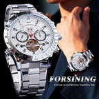 FORSINING Reloj Mecánico Tourbillon de Cuerda Automática para Hombre, Día Fecha Mes Calendario Completo, Taquímetro Luminoso Relojes Automáticos Multifuncionales, Reloj de Pulsera con Correa de Acero