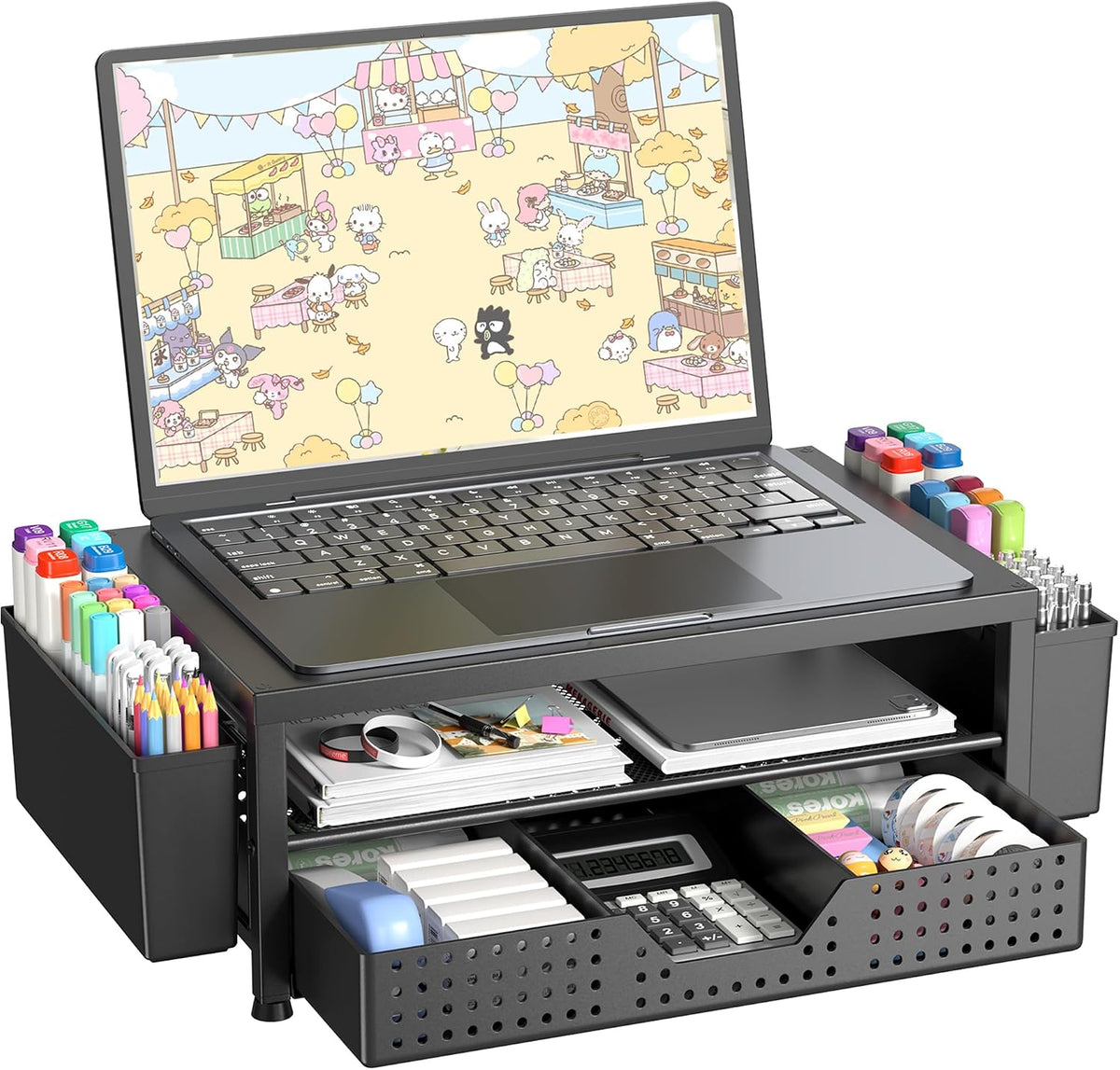 Lámpara Organizador de escritorio y accesorios, soporte elevador para monitor de computadora de 2 niveles con cajón y 2 soportes para bolígrafos, soporte para laptop, accesorios de escritorio de