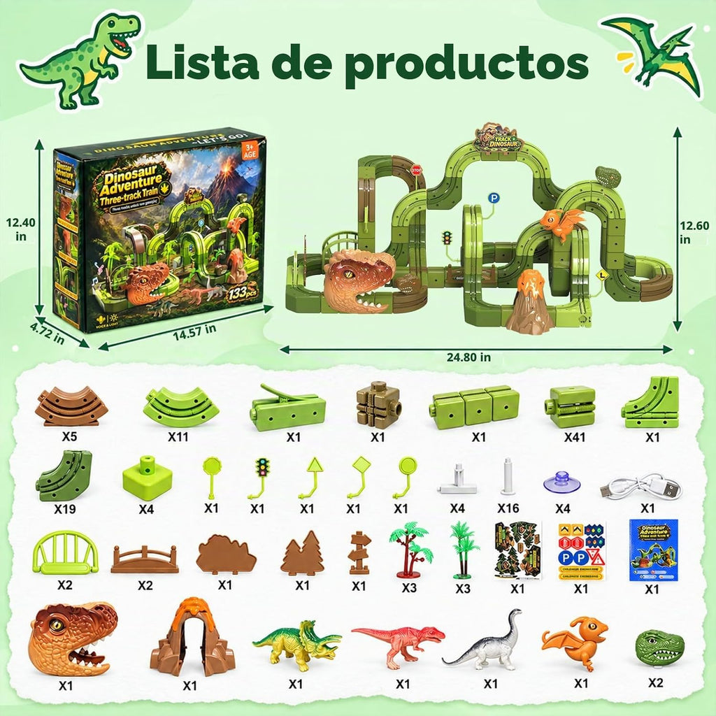 Juego de tren de dinosaurio eléctrico de 133 piezas, pista de carreras de