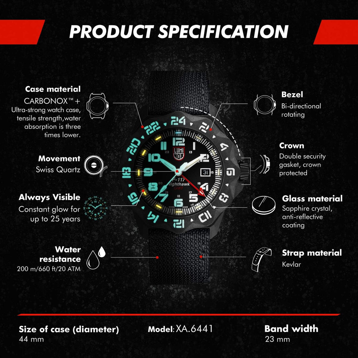 Luminox - F-117 Nighthawk - Reloj Hombre 1.732 in - Reloj Piloto Fecha Función Segunda Zona Horaria - Resistente al Agua 656.2 ft - Cristal de Zafiro - Relojes para hombre - Hecho en Suiza