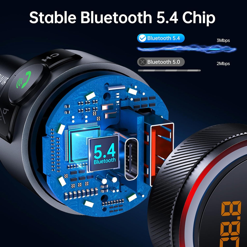 Syncwire Transmisor FM Bluetooth 5.4 para coche, 38 W PD y QC3.0 Dual USB Carga Bluetooth Adaptador de coche Micrófono y sonido de graves MP3 Reproductor de música FM Kit con llamadas manos libres