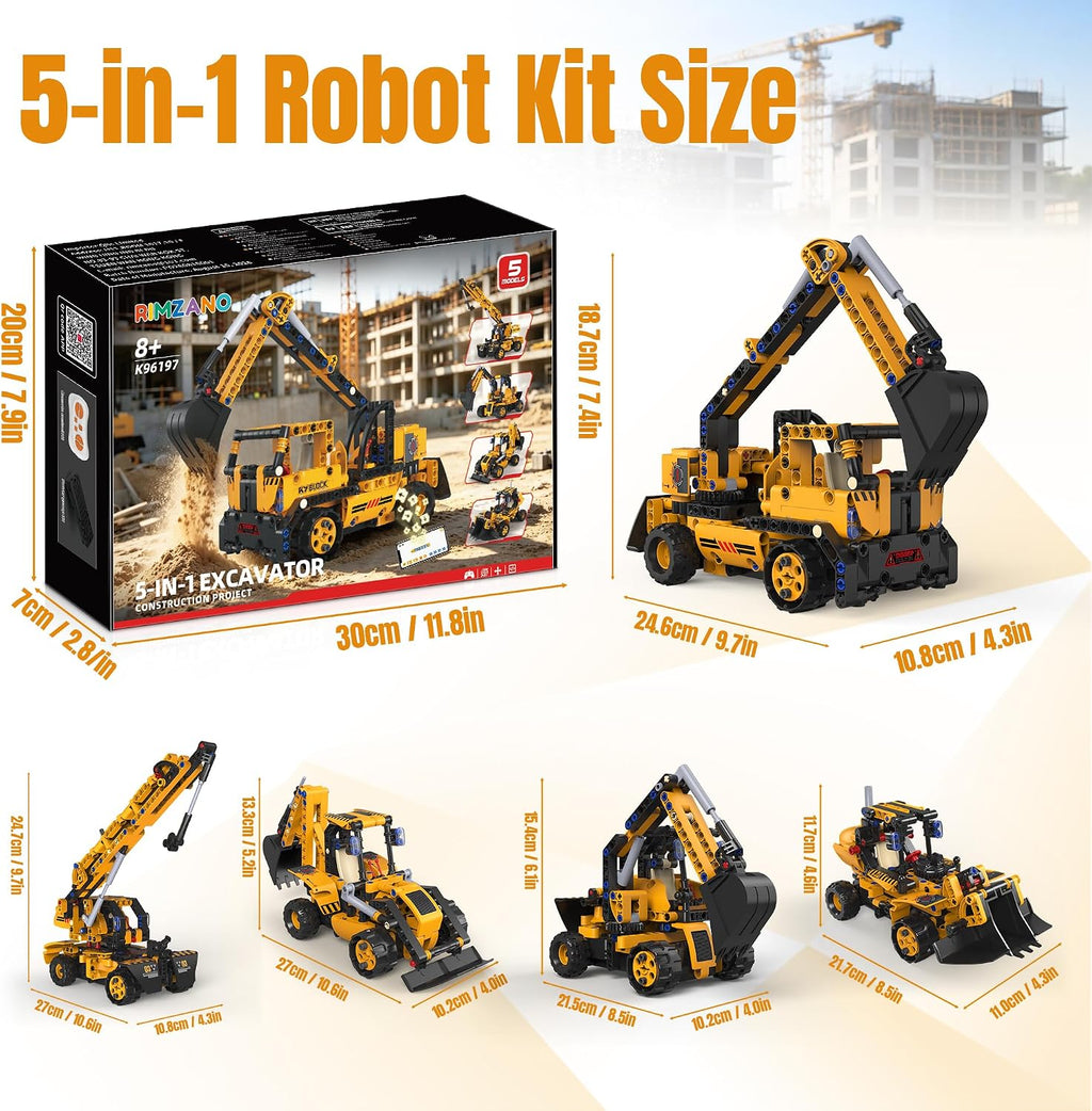 Juego de construcción de robot STEM 5 en 1, excavadora de control remoto con aplicación, juguetes de construcción de robótica técnica y kits STEM de ingeniería educativa para niños