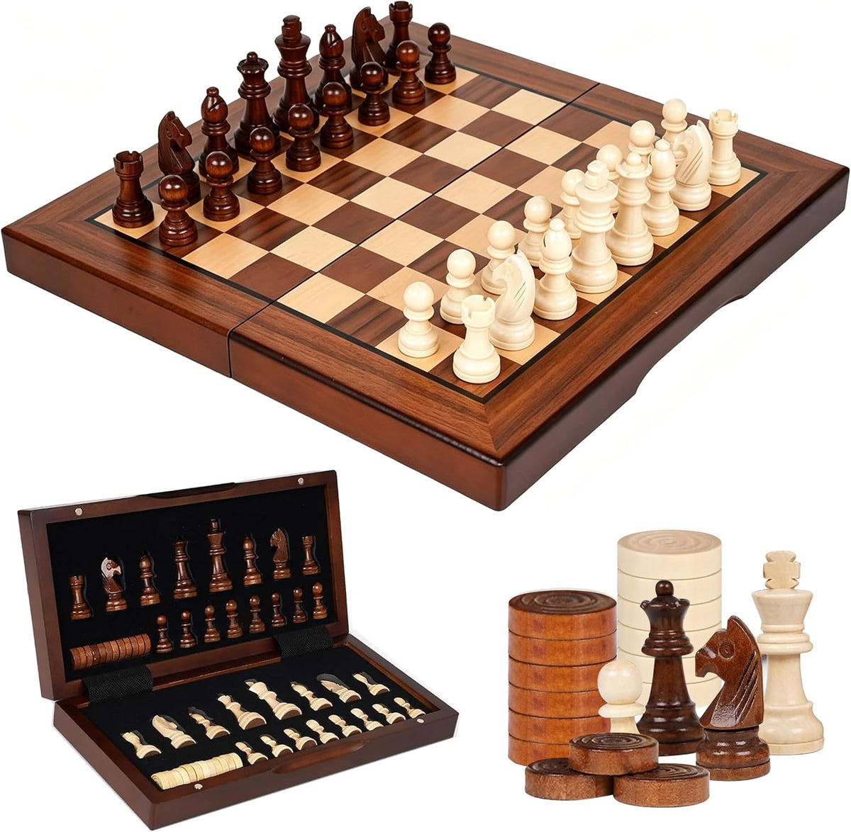 Juego de ajedrez y damas de viaje magnético 2 en 1 de madera