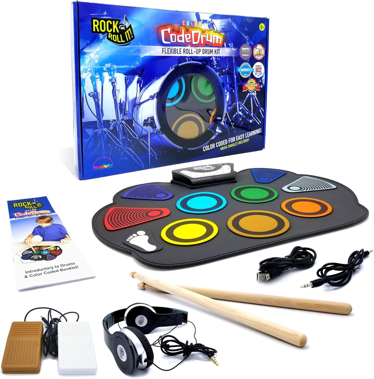 Rock And Roll It - CodeDrum. Juego de batería portátil enrollable para niños y adultos. Almohadilla electrónica de silicona arcoíris | Auriculares | Pedales | Baquetas | Folleto de ritmo de