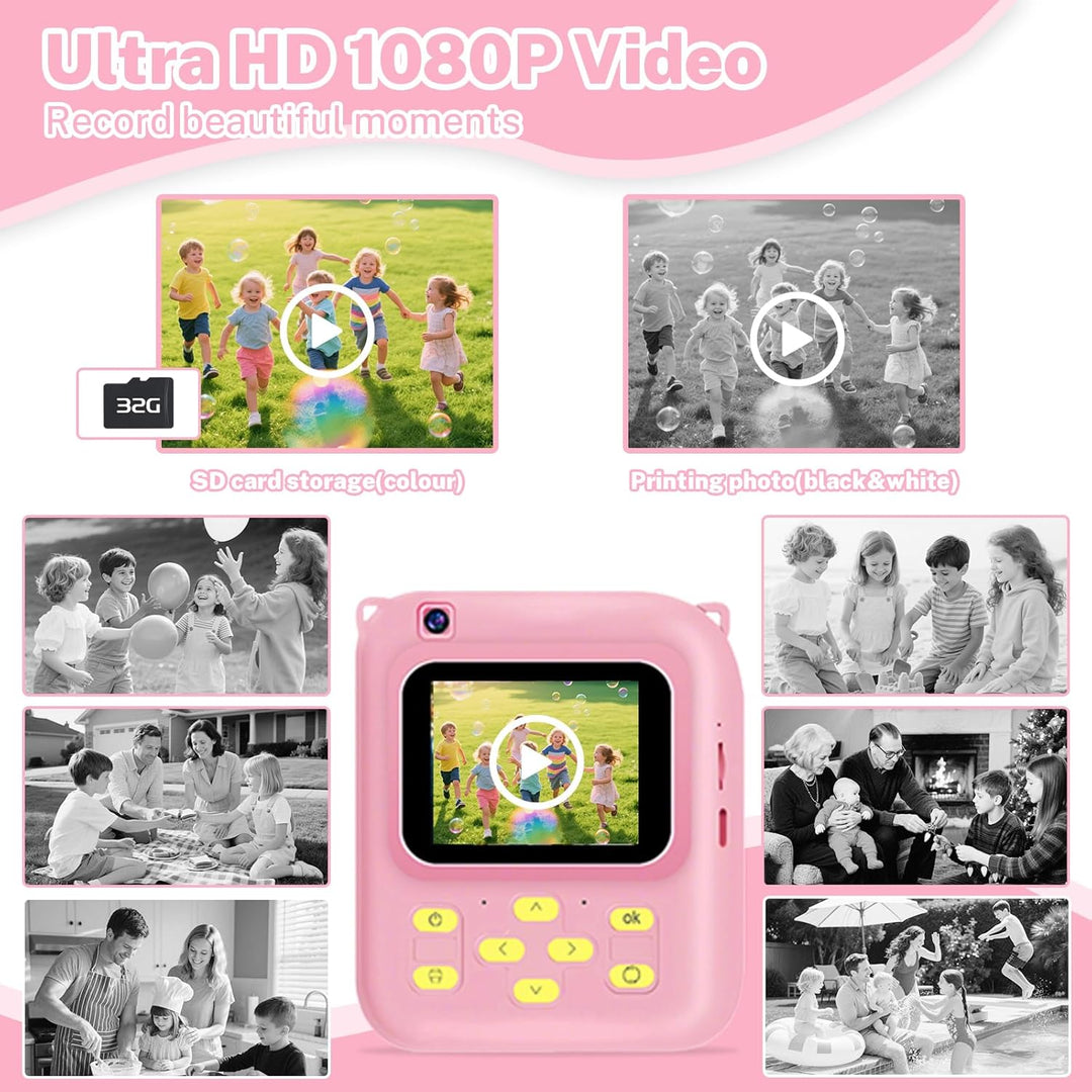 Cámara de impresión instantánea para niños, cámara de video 1080P c...