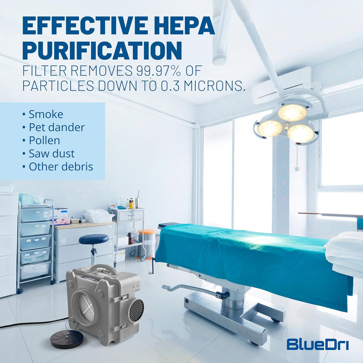 BlueDri Air Shield 550 HEPA Depurador de aire, Equipo de Restauración de Daños por Agua Purificador de aire, Cubre 1400 pies cuadrados, Capaz de Cadena de Margarita, Para Uso Comercial, Gris, BD-AS