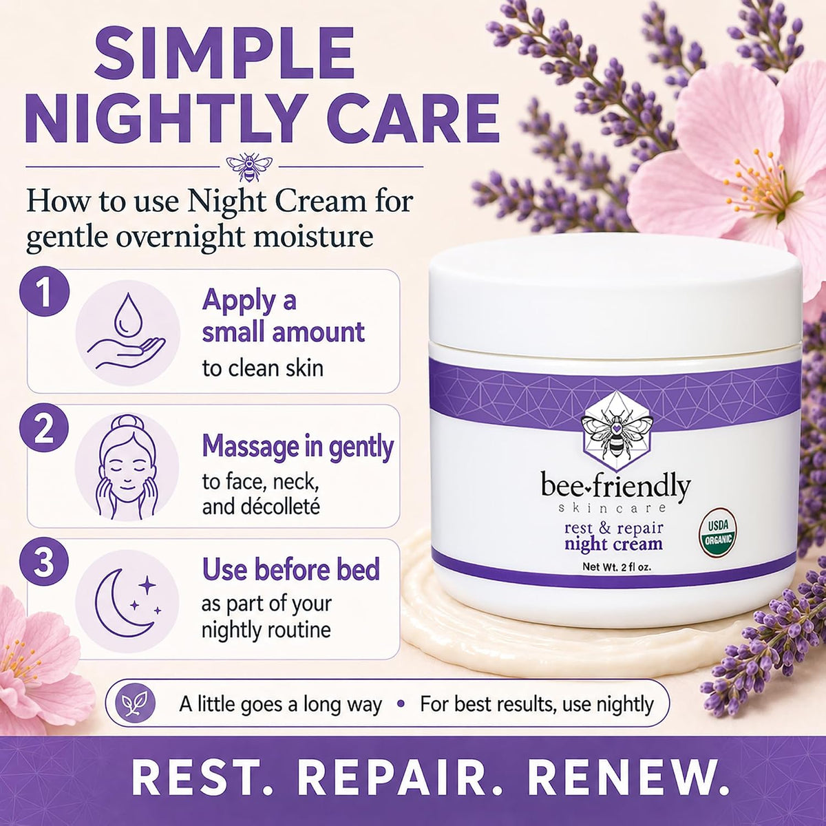 BeeFriendly Crema de noche orgánica, certificada por USDA, hidratan...