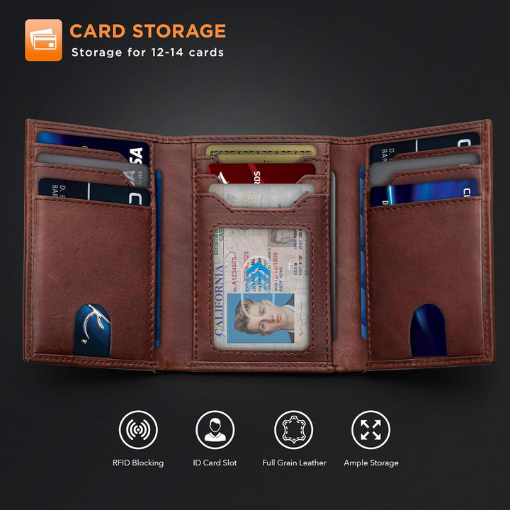 SERMAN BRANDS Billetera triple para hombre, piel auténtica con bloq...