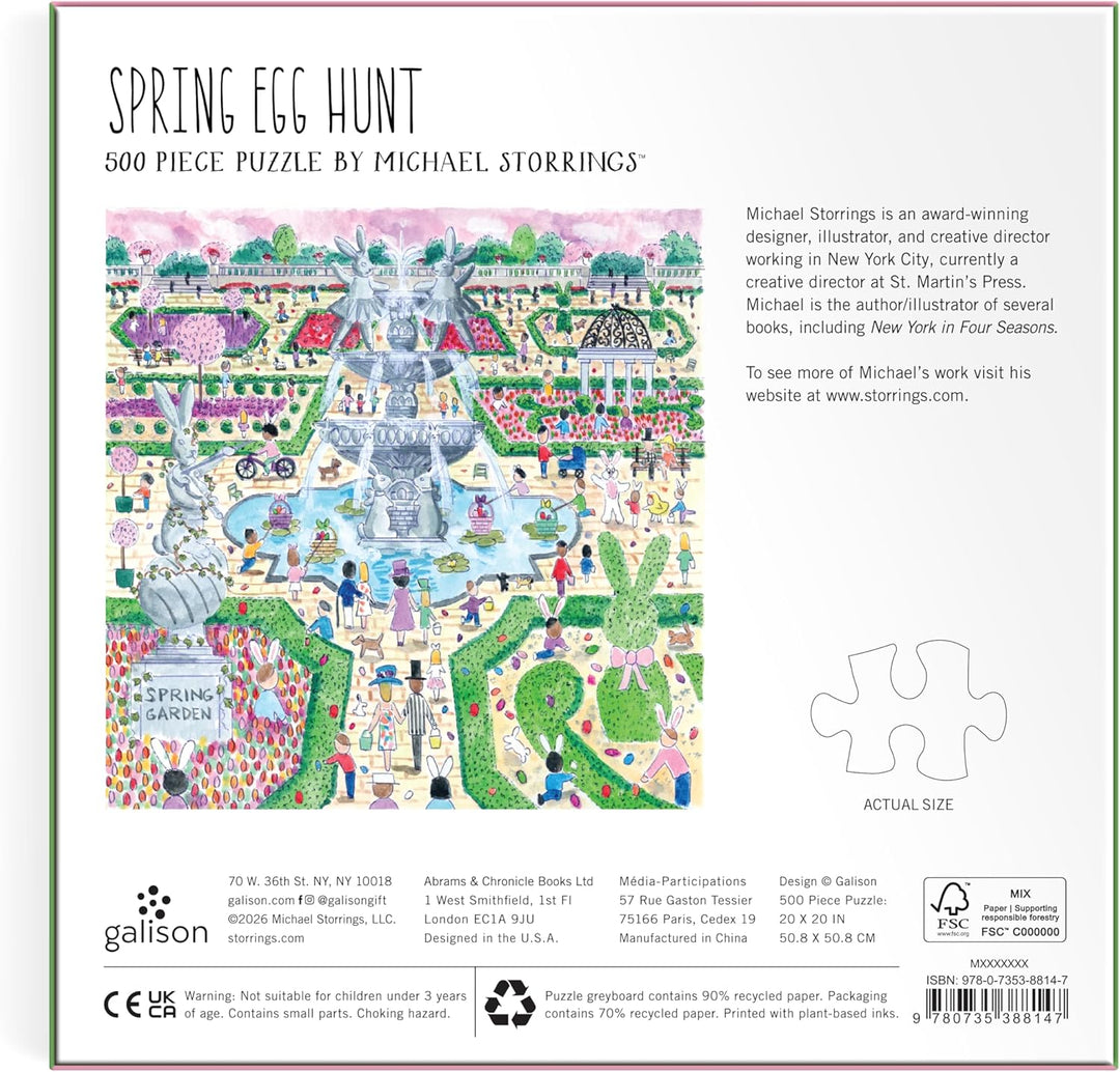 Galison Spring Egg Hunt - Rompecabezas de 500 piezas de Michael Storrings con hermosas obras de arte de una búsqueda de huevos de jardín de Pascua y primavera
