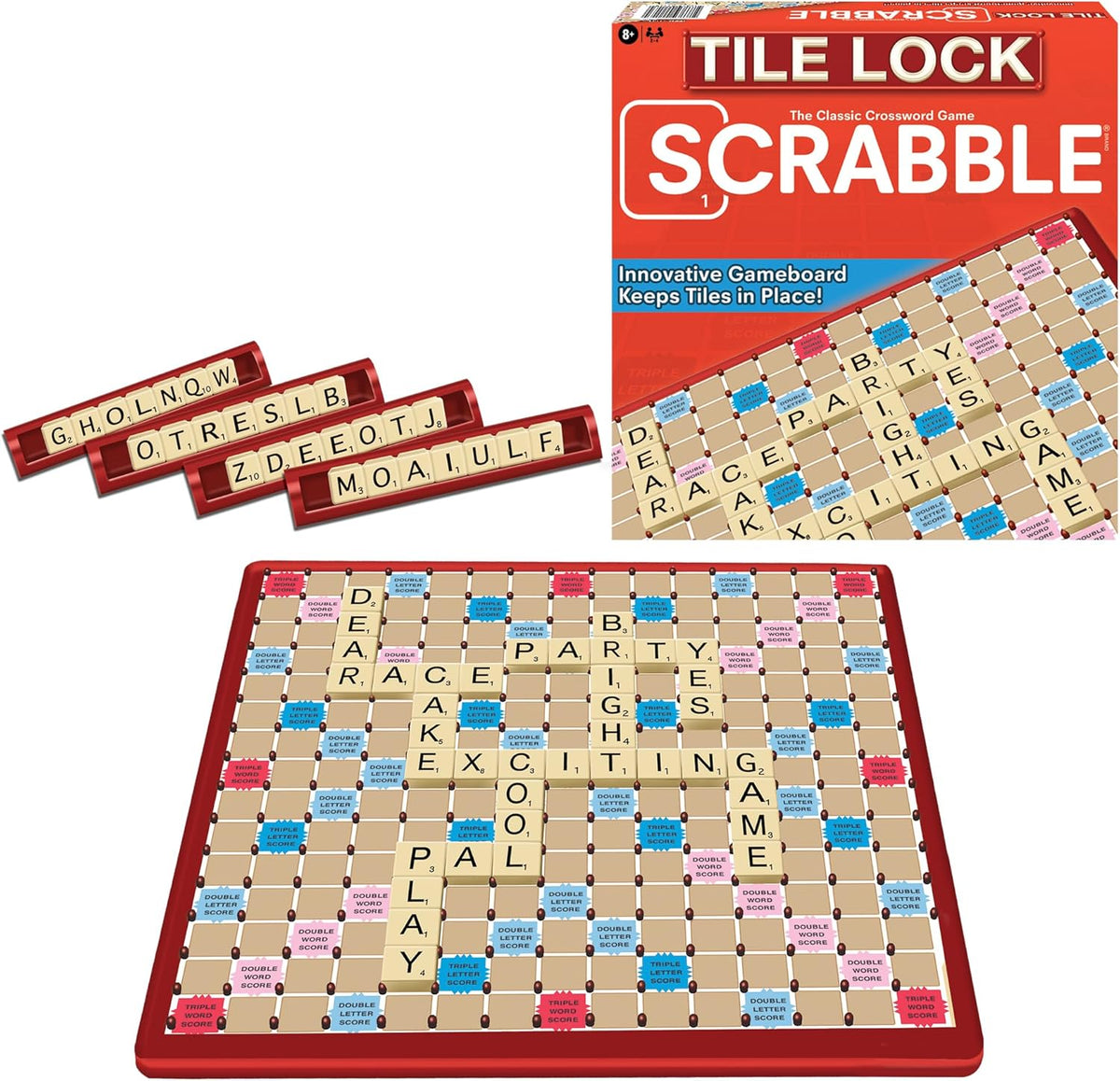 Juego de mesa de Scrabble Tile Lock, tablero mantiene los azulejos en su lugar, juego para 2-4 jugadores, edad mínima de 8 años en adelante, número de jugadores: 2-4, por Winning Moves Games USA