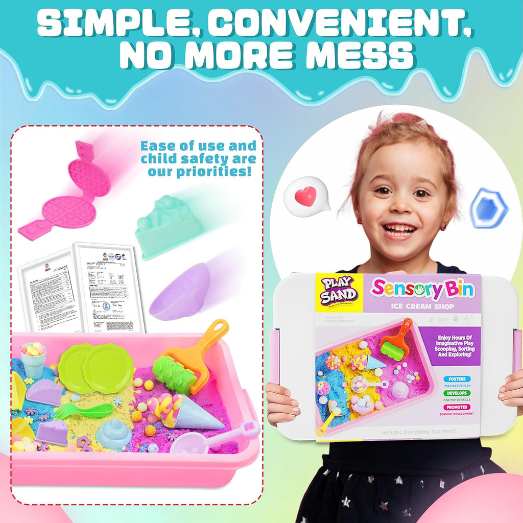 Contenedor sensorial – Juego de hornear y hacer helados con kit de arena de juego de 3.3 libras, moldes para pasteles de gofres y herramientas de arena, tienda de juguetes de helado