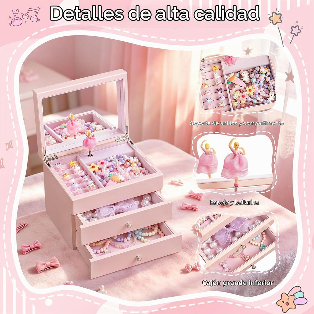 Joyero musical para niñas, joyero musical de 3 capas de madera para niños y organizadores con bailarina giratoria, regalo de almacenamiento de joyas musicales para niñas, Navidad, cumpleaños