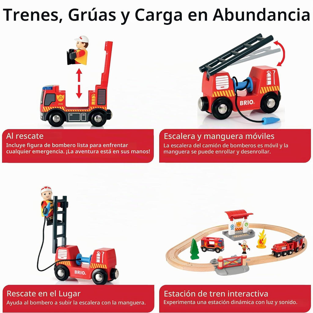 BRIO World Rescue - Juego de bomberos de 18 piezas con certificación FSC y accesorios, motor de tren de bomberos con luces y sonido, pistas de madera y más, funciona con todos los juegos de trenes de madera, a partir de 3 años